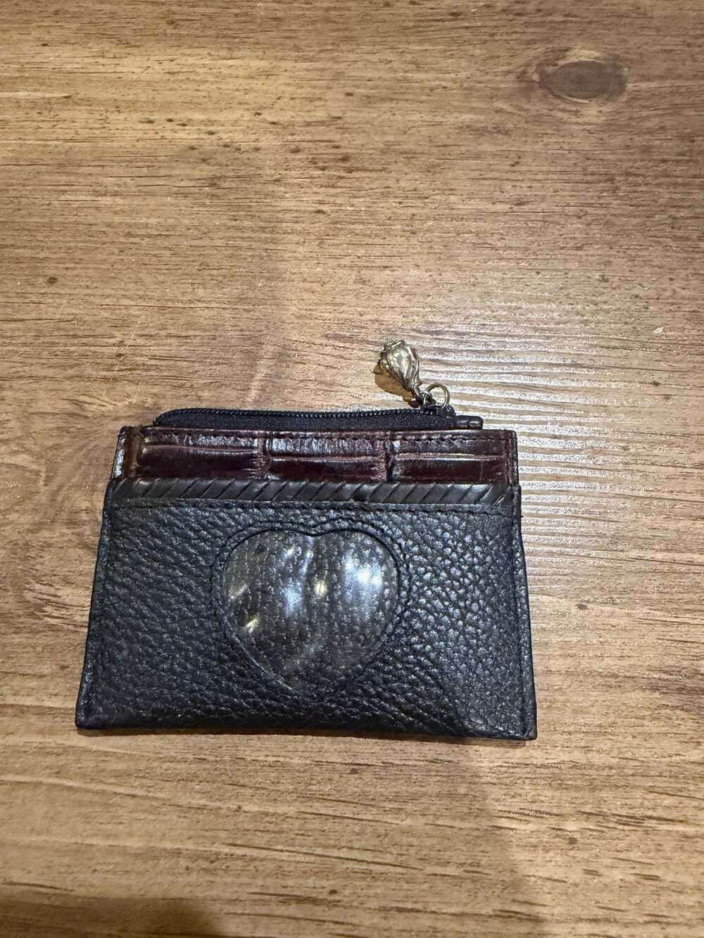 Brighton Coin Purse ID Mini Holder Black Brown Leather Heart Zipper Fob